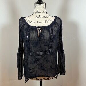 ViColé Italy Sheer Boho Embroidered Peasant Blouse | Navy | Size S
